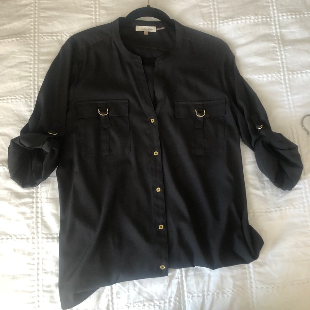 Calvin Klein Button Down Blouse, Black, Size L